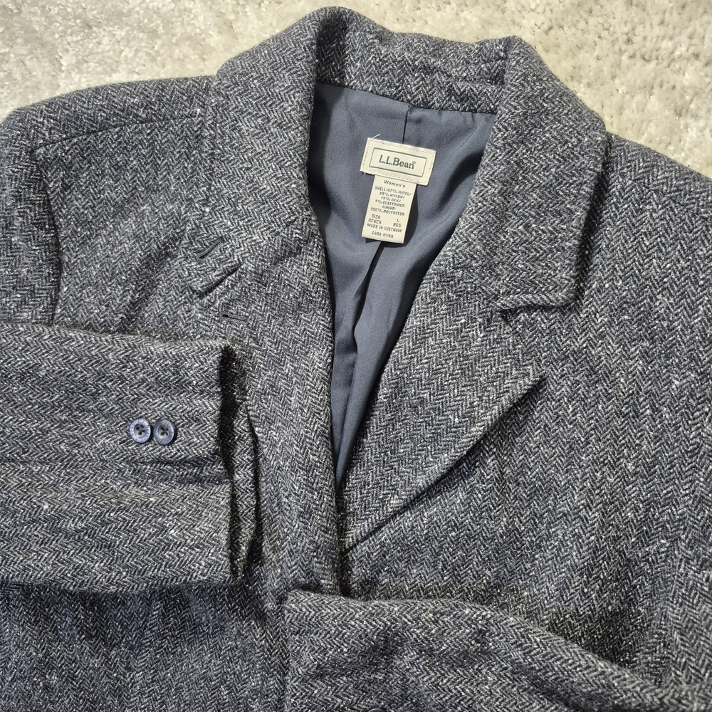 LL Bean Blazer Jacket Womens Large Gray Wool Silk Herringbone Twead Preppy City